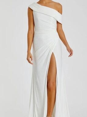 Mac Duggal White Foldover Off-the-Shoulder Slit Gown